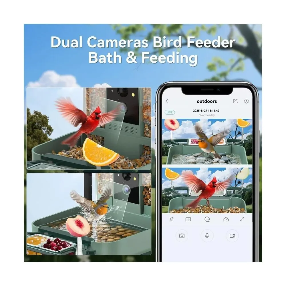 Dual-Lens Bird Feeder with Camera & Bird Bath Combo, Watch Birds Eat & Bathe ...